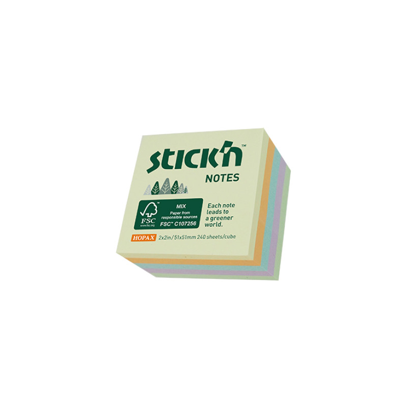 Līmlapiņu kubs 51x51mm 240l. pasteļkrāsu Stick'N