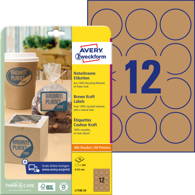 Uzlīmes A4 D=60mm 1 loksne kraft apļi Avery