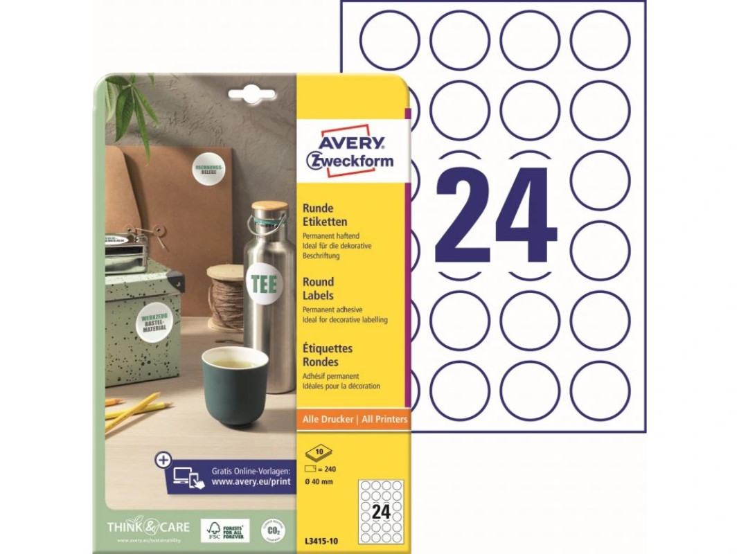 Uzlīmes A4 D=40mm 1 loksne balti apļi Avery
