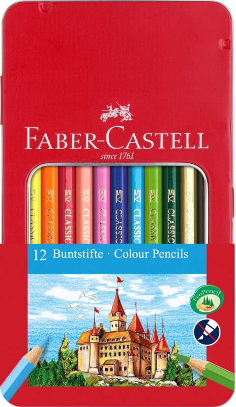 Krāsainie zīmuļi 12 krāsas metāla kārbā Faber-Castell Classic