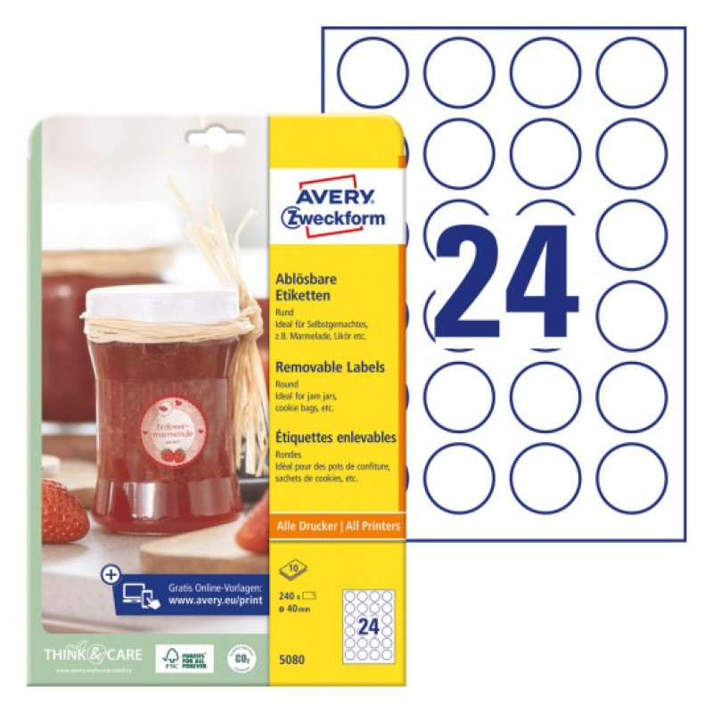 Uzlīmes A4 D=40mm 10 loksnes balti apļi Avery